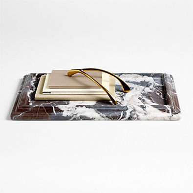 View Rectangle Fluted Himalayan Gray Marble Decorative Tray by Jeremiah Brent details
