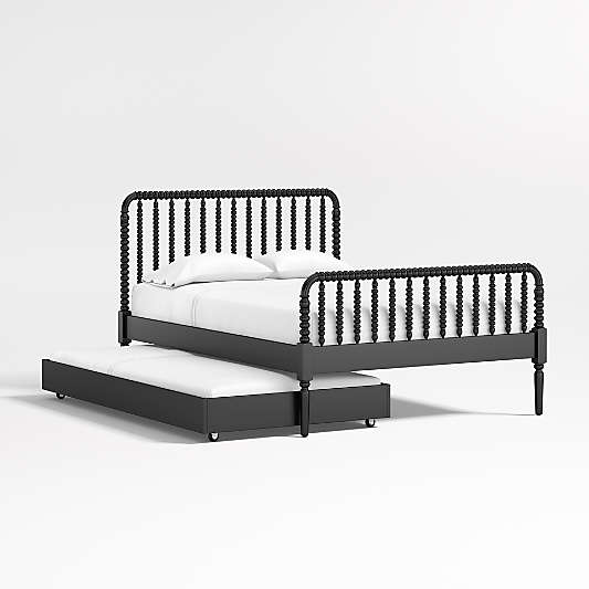 Jenny Lind Black Wood Spindle Kids Full Bed with Trundle