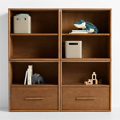 Jack Set of 2 Hazelnut Ash Wood Modular Kids Open Bookcases with Drawer