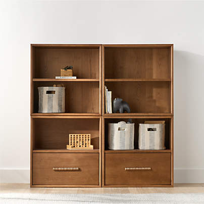 Jack Set of 2 Hazelnut Ash Wood Modular Kids Open Bookcases with Drawer