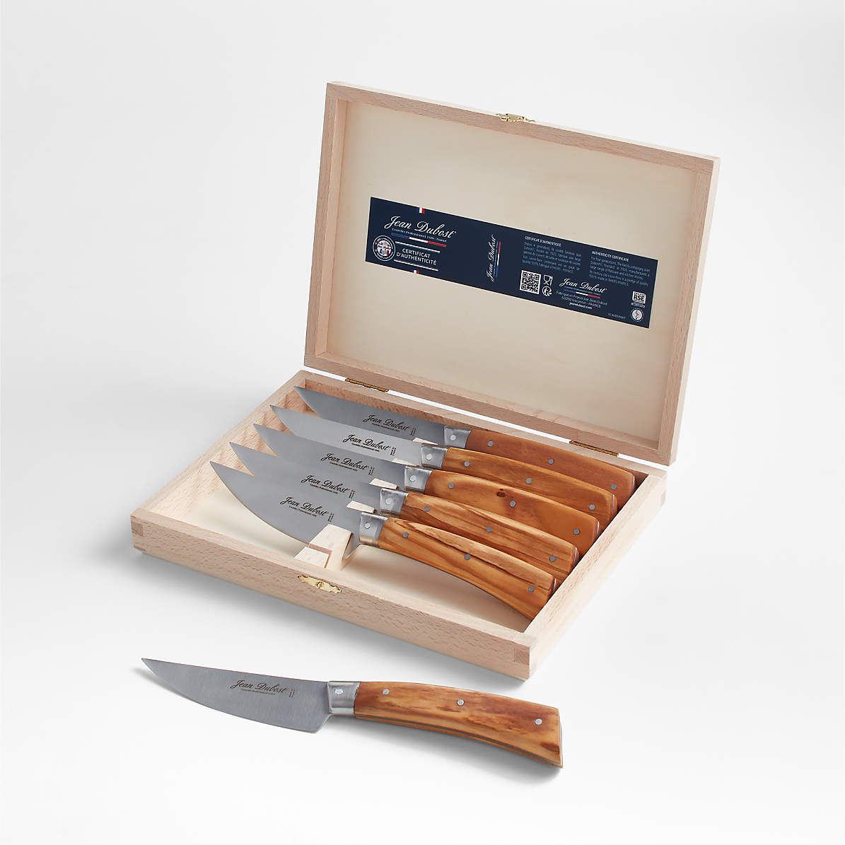 Jean Dubost 6 VIP Blue Steak Knives in a Wooden Block