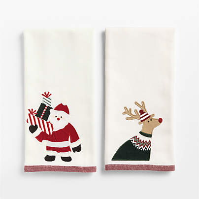 Joan Anderson Santa & Reindeer White Organic Cotton Kitchen Towels, Set of 2