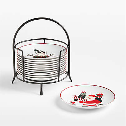 Joan Anderson Arctic Friends Appetizer Plates, Set of 12 with Matte Black Plate Stand