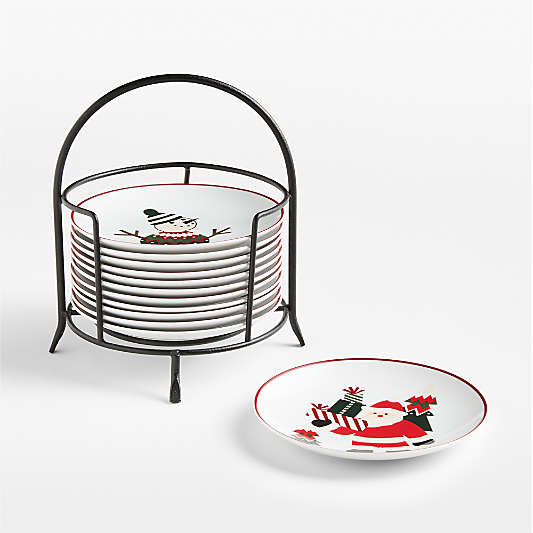 Joan Anderson Arctic Friends Appetizer Plates, Set of 12 with Matte Black Plate Stand