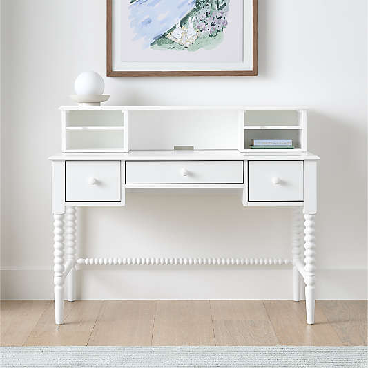 Jenny Lind 48" White Wood Spindle 3-Drawer Kids Desk with Hutch