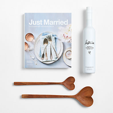 View Just Married Cookbook, Kosterina Extra Virgin Olive Oil, and Heart Utensils Gift Set details