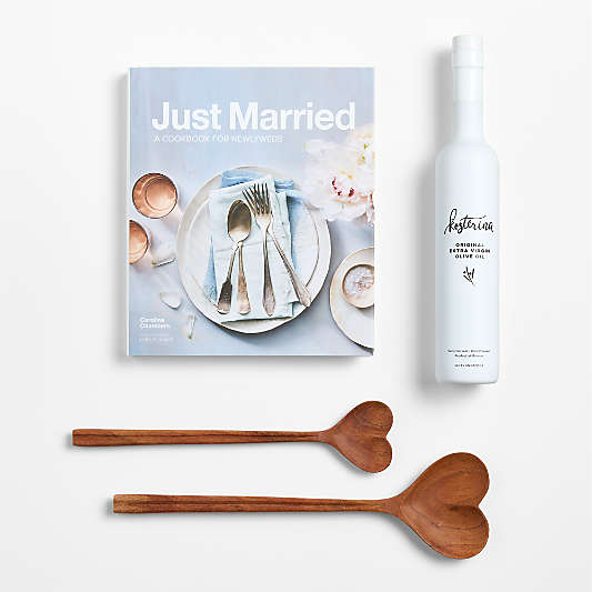 Just Married Cookbook, Kosterina Extra Virgin Olive Oil, and Heart Utensils Gift Set