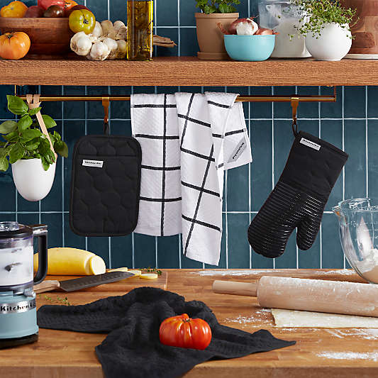 KitchenAid Onyx Black Quilted Cotton Terry Cloth Oven Mitt, Pot Holder, Kitchen Towel, Set of 4