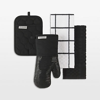 View KitchenAid ® Onyx Black Quilted Cotton Terry Cloth Oven Mitt, Pot Holder and Kitchen Towel 4-Piece Set details