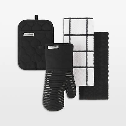 KitchenAid Onyx Black Quilted Cotton Terry Cloth Oven Mitt, Pot Holder, Kitchen Towel, Set of 4