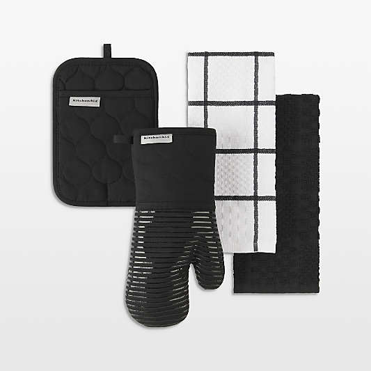 KitchenAid Onyx Black Quilted Cotton Terry Cloth Oven Mitt, Pot Holder, Kitchen Towel, Set of 4