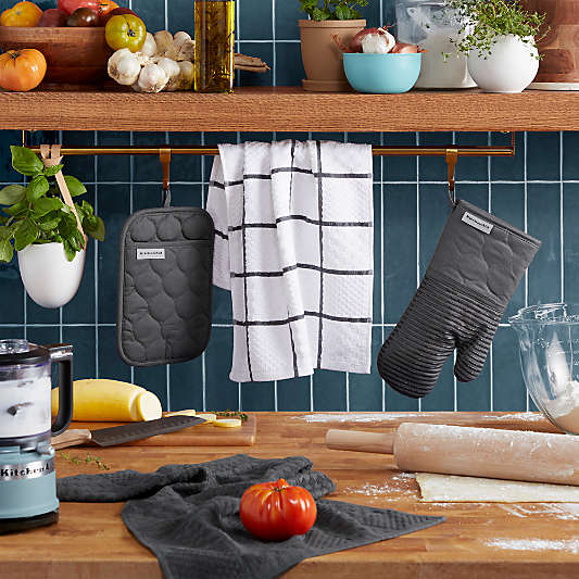 KitchenAid ® Charcoal Quilted Cotton Terry Cloth Oven Mitt, Pot Holder and Kitchen Towel 4-Piece Set
