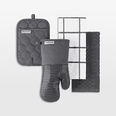 View KitchenAid ® Charcoal Quilted Cotton Terry Cloth Oven Mitt, Pot Holder and Kitchen Towel 4-Piece Set details