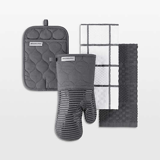 KitchenAid ® Charcoal Quilted Cotton Terry Cloth Oven Mitt, Pot Holder and Kitchen Towel 4-Piece Set