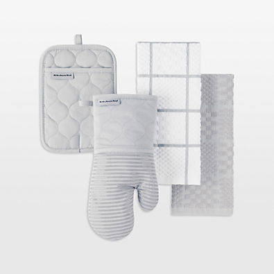 View KitchenAid ® Grey Quilted Cotton Terry Cloth Oven Mitt, Pot Holder and Kitchen Towel 4-Piece Set details