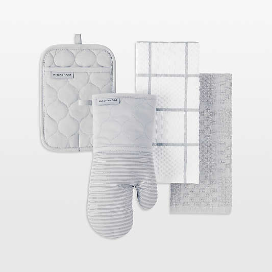 KitchenAid ® Grey Quilted Cotton Terry Cloth Oven Mitt, Pot Holder and Kitchen Towel 4-Piece Set