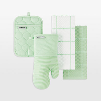 View KitchenAid ® Pistachio Quilted Cotton Terry Cloth Oven Mitt, Pot Holder and Kitchen Towel 4-Piece Set details