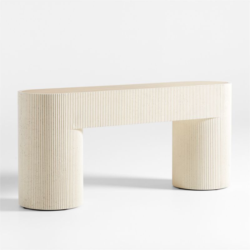 Kahn 72" Oval Ribbed White Concrete and Oak Wood Console Table - image 5 of 9