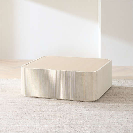 Kahn Cream Ribbed Concrete and Oak Wood 44" Rounded Square Coffee Table