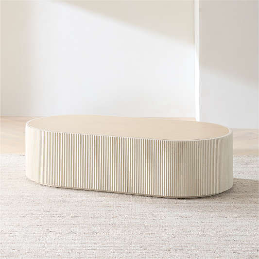 Kahn Cream Ribbed Concrete and Oak Wood 62" Oval Coffee Table