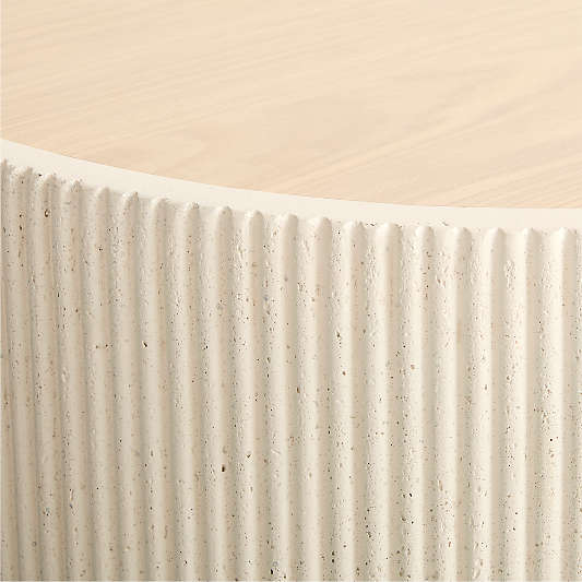 Kahn Off-White Concrete and Oak Wood Ribbed 62" Oval Coffee Table