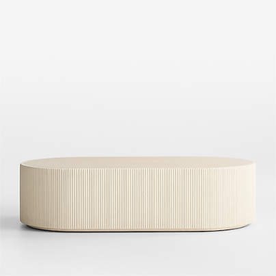 Kahn Off-White Concrete and Oak Wood Ribbed 62" Oval Coffee Table
