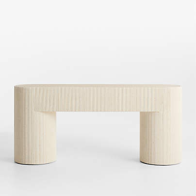 Kahn Off-White Concrete and Oak Wood Ribbed 72" Console Table