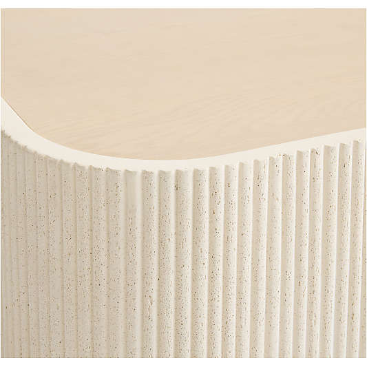 Kahn Off-White Concrete and Oak Wood Ribbed 44" Rounded Square Coffee Table