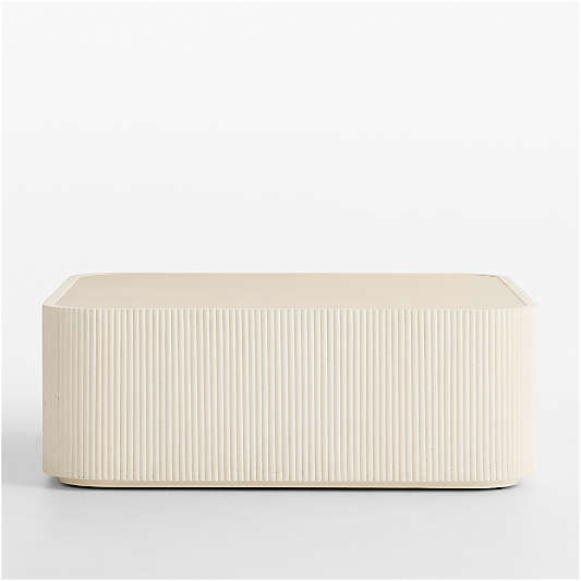 Kahn Off-White Concrete and Oak Wood Ribbed 44" Rounded Square Coffee Table