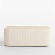 Kahn Off-White Concrete and Oak Wood Ribbed 44" Rounded Square Coffee Table