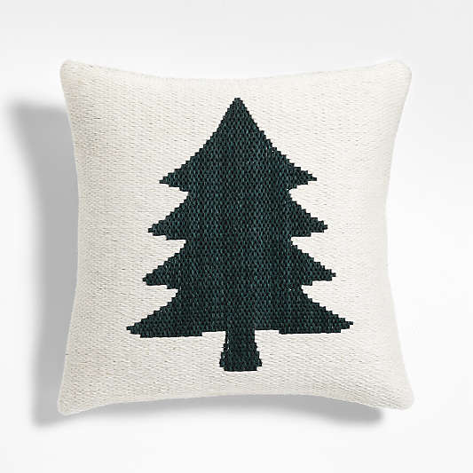Tree Kilim 20"x20" Spruce Green and Arctic Ivory Throw Pillow with Down-Alternative Insert