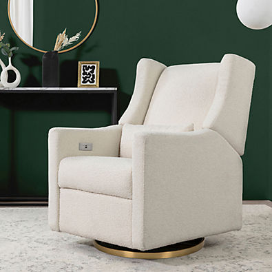 View Babyletto Kiwi Ivory Boucle Nursery Power Glider Recliner Chair with Gold Base details
