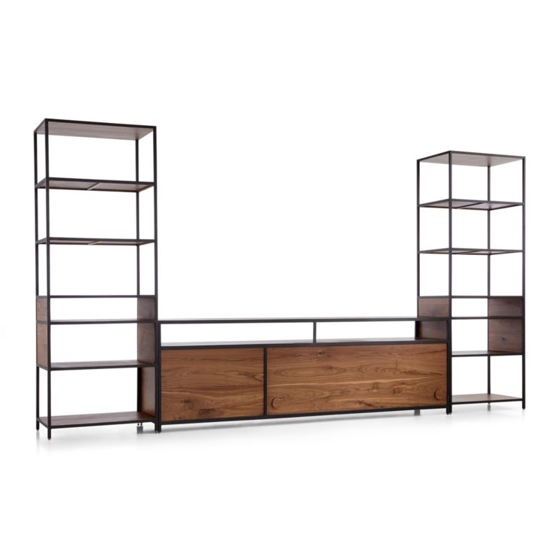 Knox Black Trim and Walnut 90" Storage Media Console with 2 Tall Open Bookcases