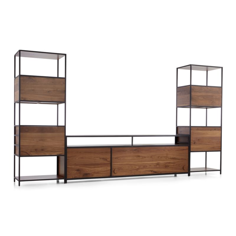 Knox Black Trim and Walnut 90" Storage Media Console with 2 Tall Storage Bookcases