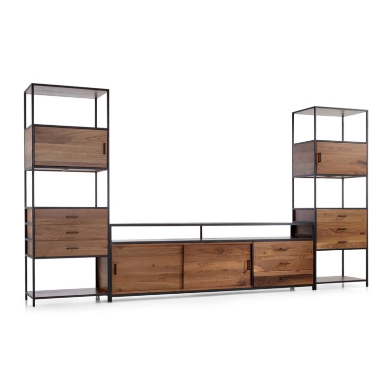 Knox Black Trim and Walnut 90" Storage Media Console with 2 Tall Storage Bookcases