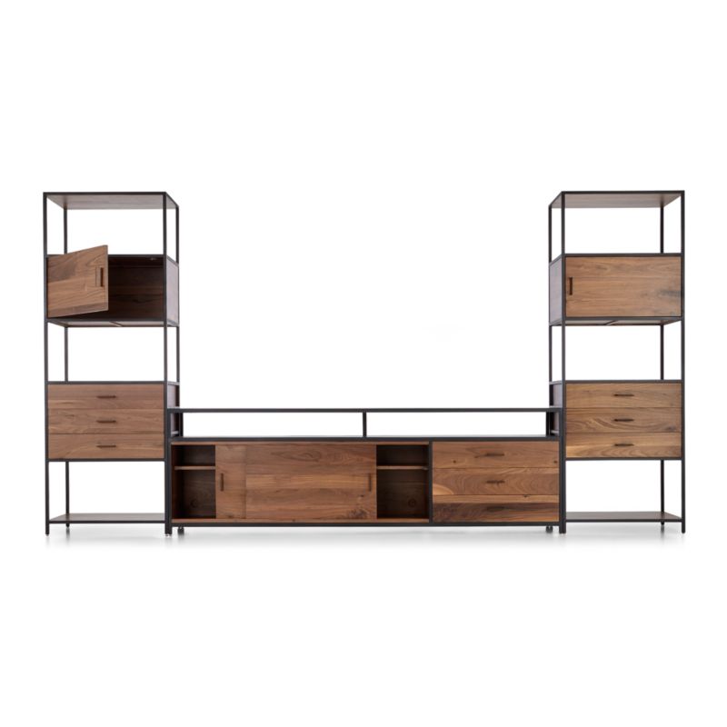 Knox Black Trim and Walnut 90" Storage Media Console with 2 Tall Storage Bookcases