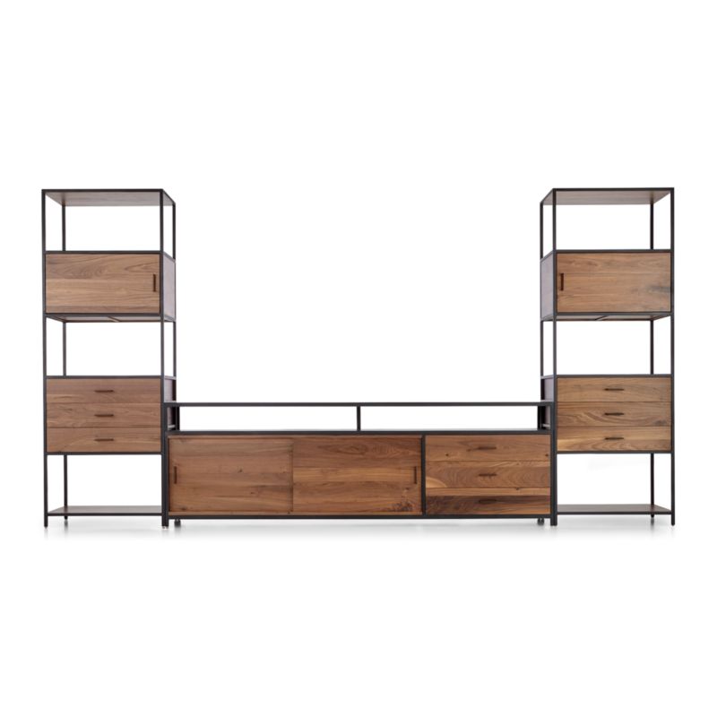 Knox Black Trim and Walnut 90" Storage Media Console with 2 Tall Storage Bookcases