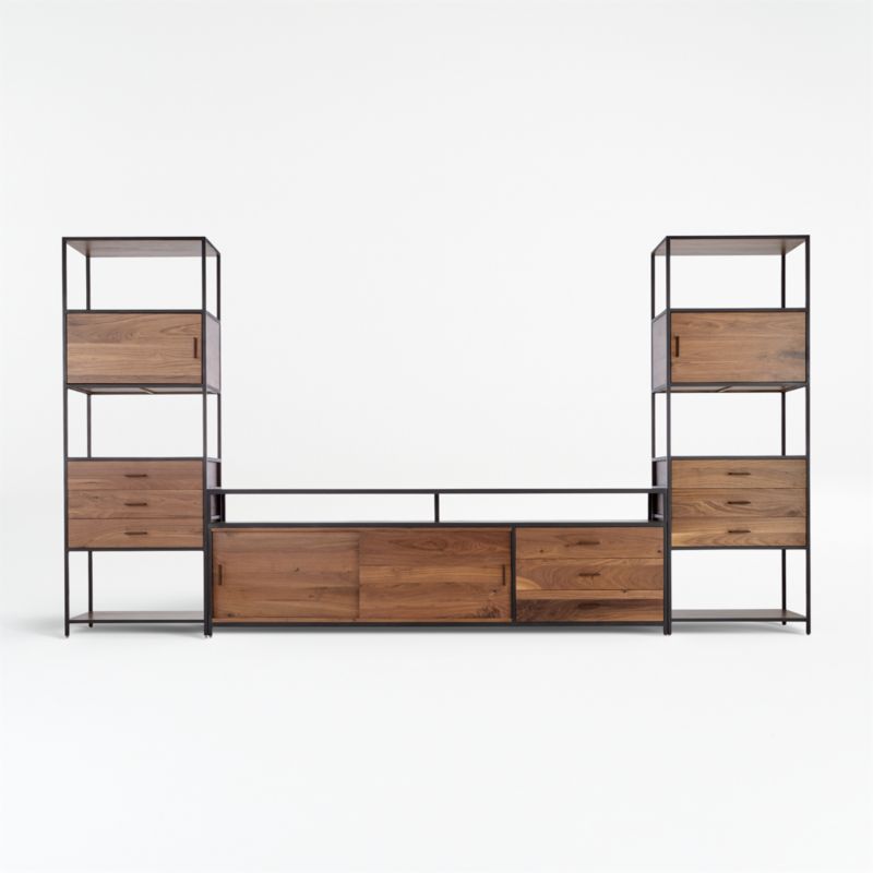 Knox Black Trim and Walnut 90" Storage Media Console with 2 Tall Storage Bookcases