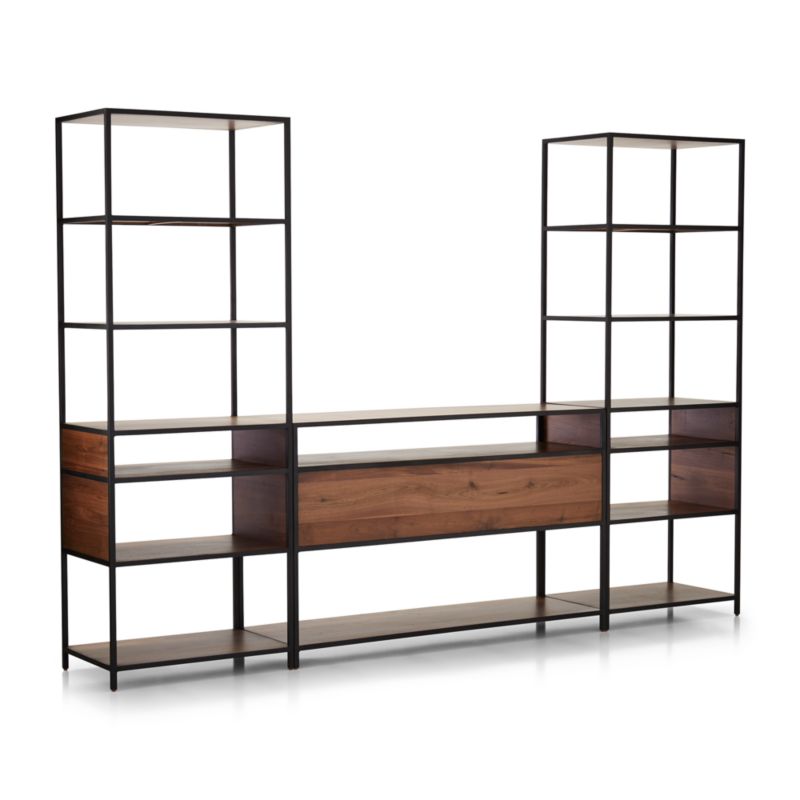 Knox Black Trim and Walnut 56" Storage Media Console with 2 Tall Open Bookcases