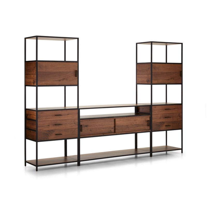 Knox Black Trim and Walnut 56" Storage Media Console with 2 Tall Storage Bookcases