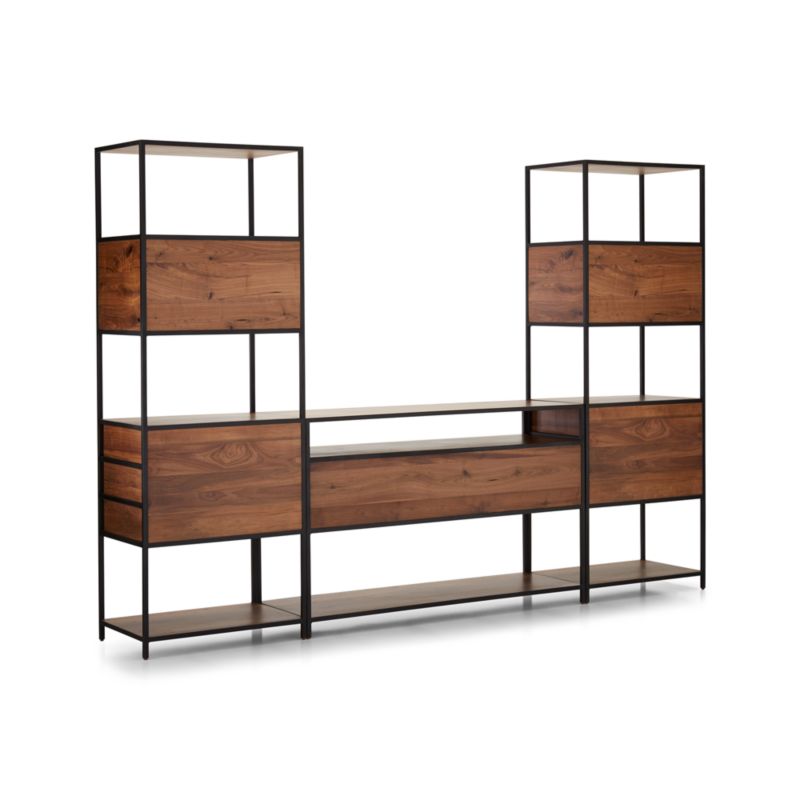 Knox Black Trim and Walnut 56" Storage Media Console with 2 Tall Storage Bookcases