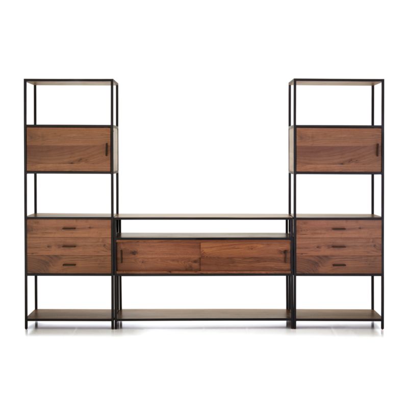 Knox Black Trim and Walnut 56" Storage Media Console with 2 Tall Storage Bookcases