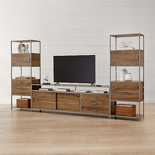 Knox Nickel Trim and Walnut 90" Media Console with 2 Tall Storage Bookcases