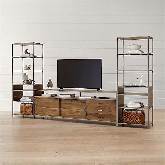 Knox Nickel Trim and Walnut 90" Media Console with 2 Tall Open Bookcases