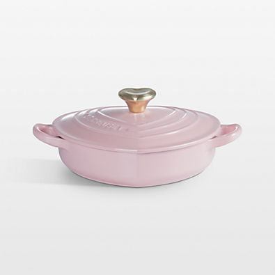 View Le Creuset ® Traditional 1.25-Qt. Chiffon Pink Enameled Cast Iron Heart Dish with Light Gold Heart Knob details