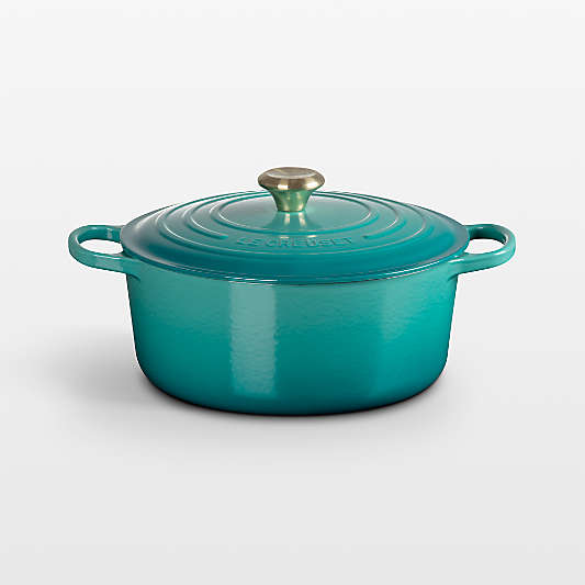 Le Creuset ® Signature 6.7 Liter/7.25 Qt. Bleu Riviera Enameled Cast Iron Round Dutch Oven with Light Gold Knob