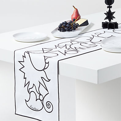 View Celestial 90" Embroidered White Organic Cotton Table Runner by Lucia Eames™ details