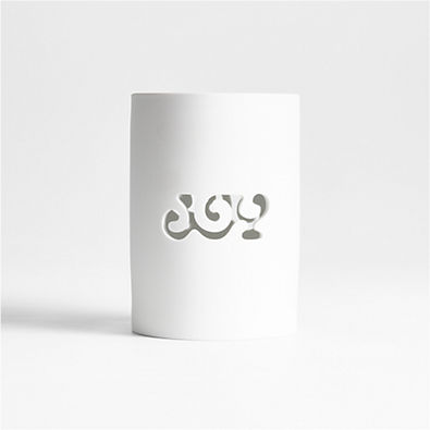 View "Joy" White Ceramic Hurricane Candle Holder 7" by Lucia Eames™ details