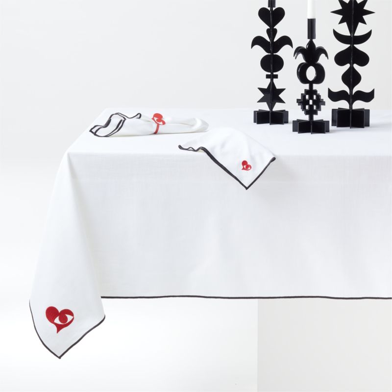 Seeing with the Heart Embroidered White Organic Cotton Tablecloth 60"x90" by Lucia Eames™