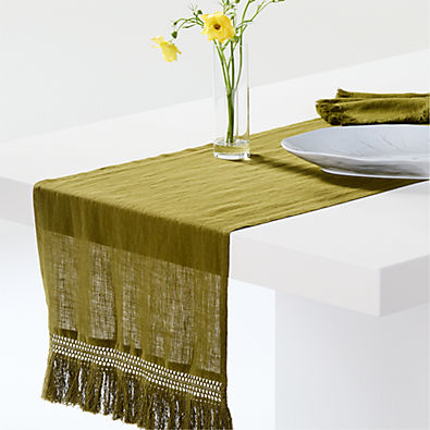 View Fringe Trim 18" Oregano Green Linen Table Runner by Laura Kim details